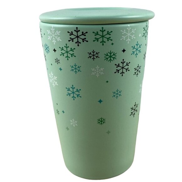 Davids Tea Mint Green Snowflake Moitif Winter Decor Tall Mug Cup Lid US 12 Oz - Picture 8 of 10